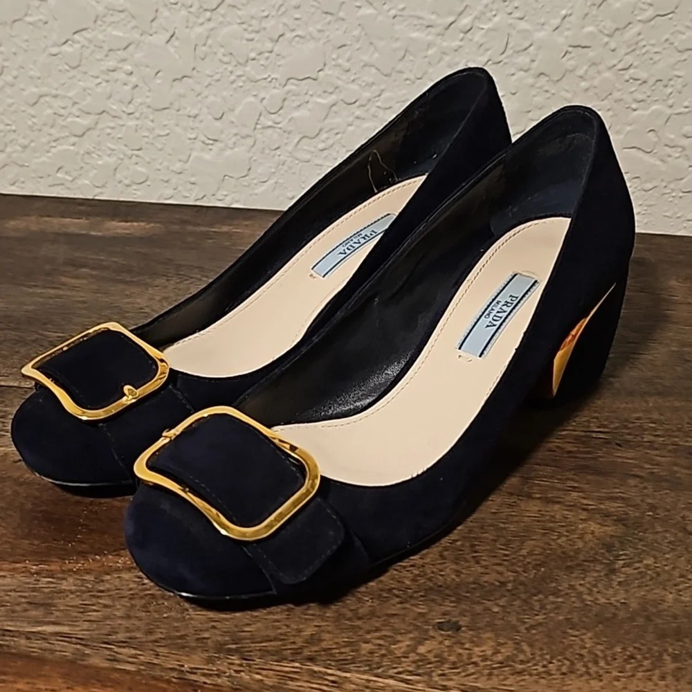 PRADA Blue chunky shoes, sz 38 Calzature Donna, suede w/ gold buckle